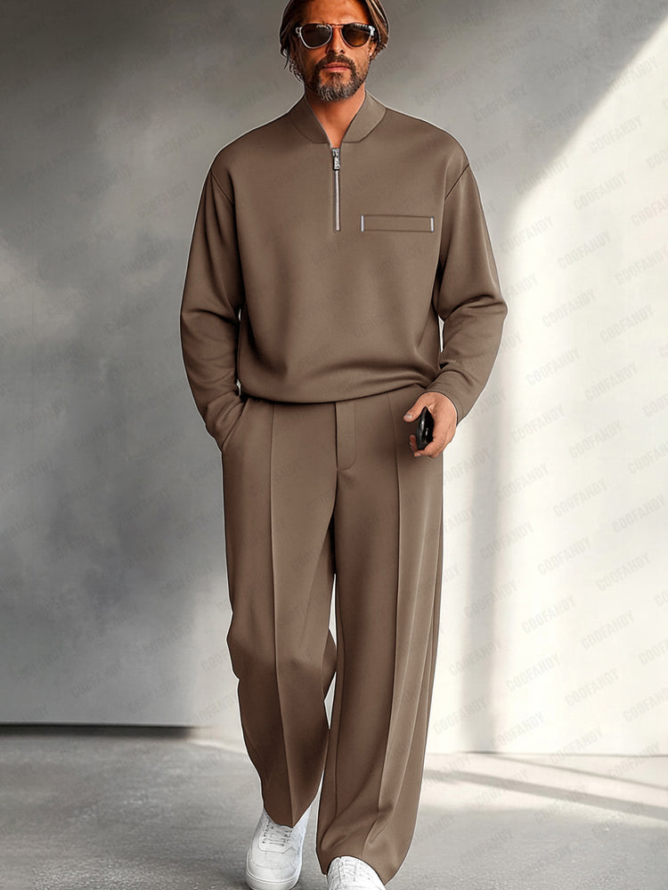 Men's Half-Zip Two-Piece Set – Relaxed Long-Sleeve Top and Wide-Leg