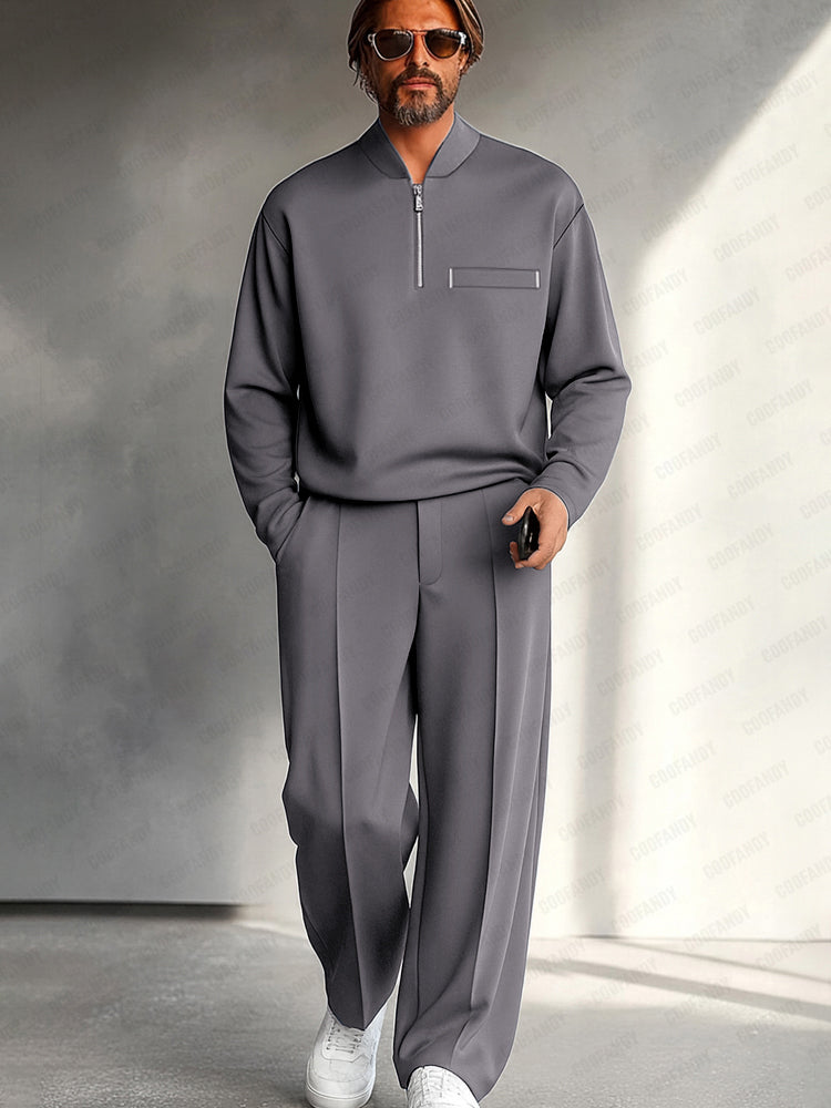 Men's Half-Zip Two-Piece Set – Relaxed Long-Sleeve Top and Wide-Leg