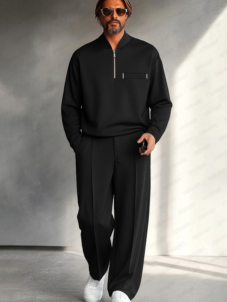 Men's Half-Zip Two-Piece Set – Relaxed Long-Sleeve Top and Wide-Leg