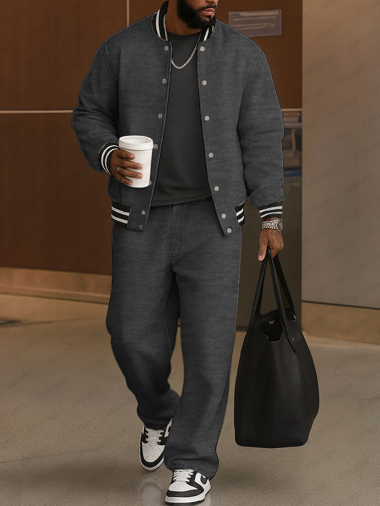 Men's Bomber Jacket and Trousers Set – Striped-Trim Two-Piece Outfit