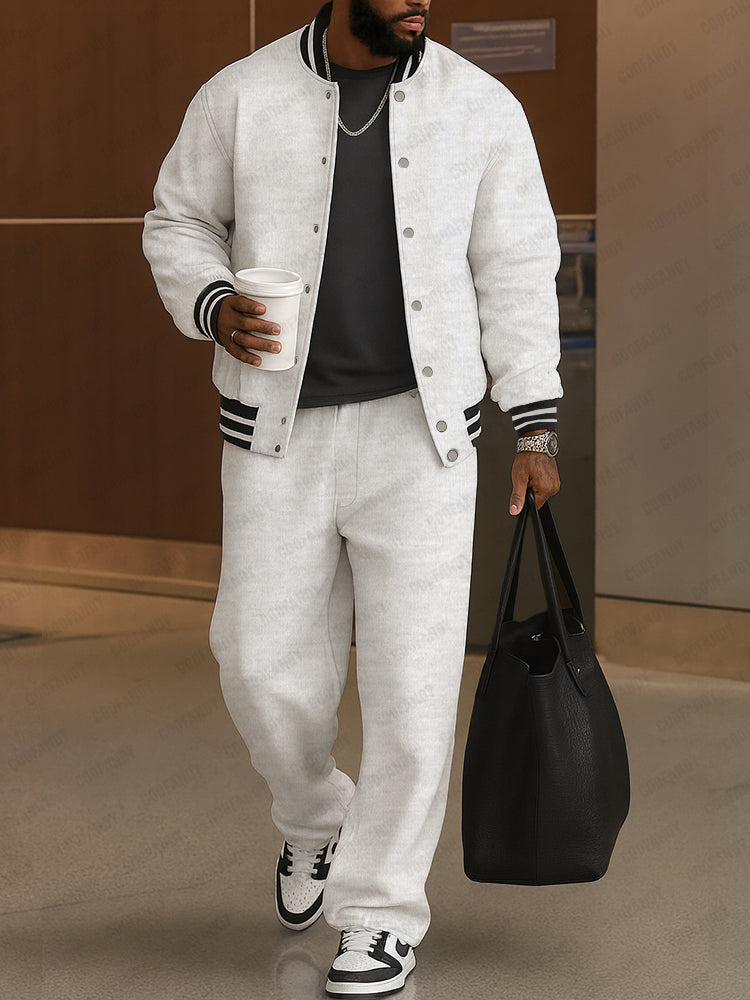 Men's Bomber Jacket and Trousers Set – Striped-Trim Two-Piece Outfit