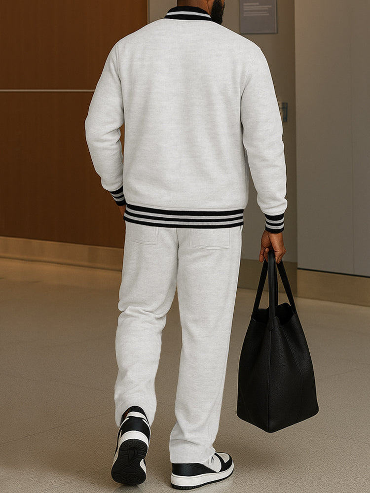 Men's Bomber Jacket and Trousers Set – Striped-Trim Two-Piece Outfit