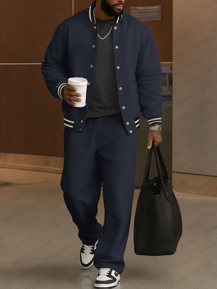Men's Bomber Jacket and Trousers Set – Striped-Trim Two-Piece Outfit
