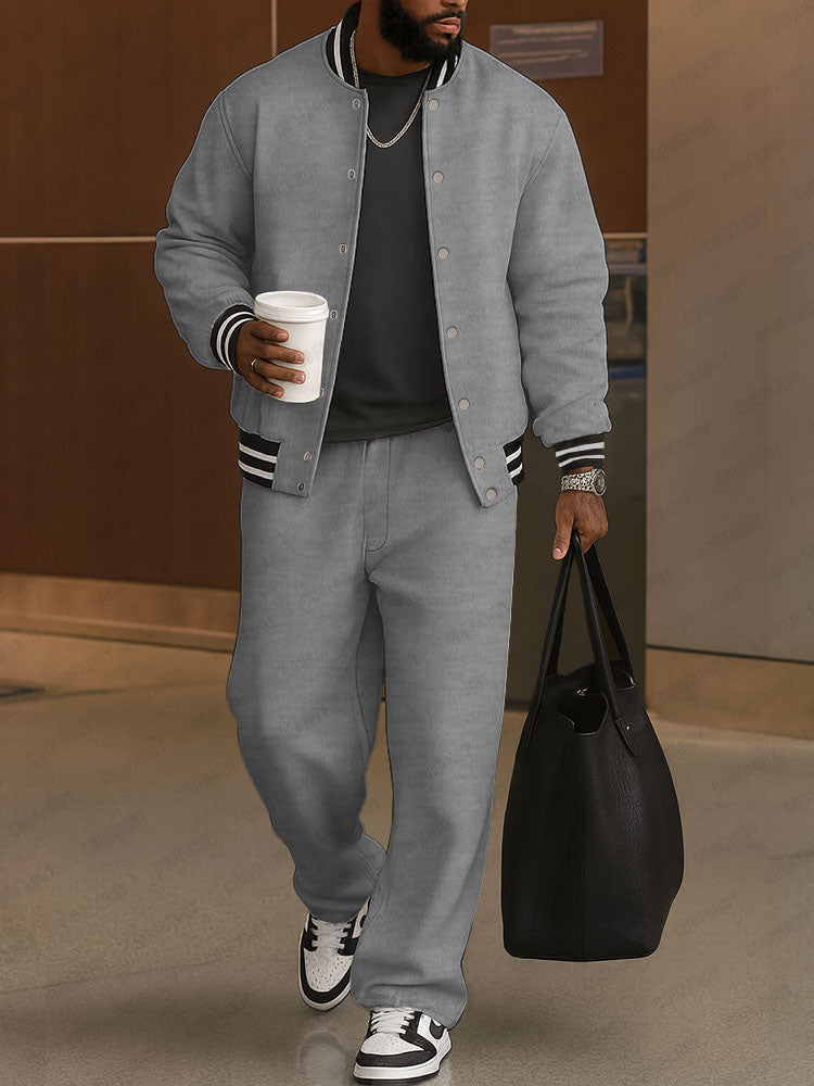Men's Bomber Jacket and Trousers Set – Striped-Trim Two-Piece Outfit
