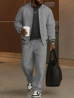 Men's Bomber Jacket and Trousers Set – Striped-Trim Two-Piece Outfit