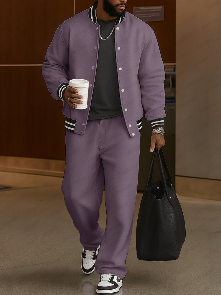 Men's Bomber Jacket and Trousers Set – Striped-Trim Two-Piece Outfit