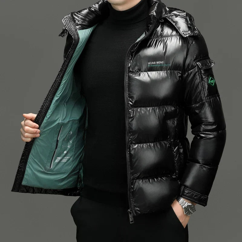 Men's Hooded Down Puffer Jacket – Short Gloss-Finish Coat