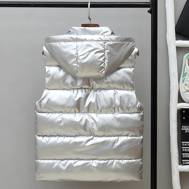 Men's Hooded Puffer Winter Vest – Glossy Padded Sleeveless Zip-Up Gilet