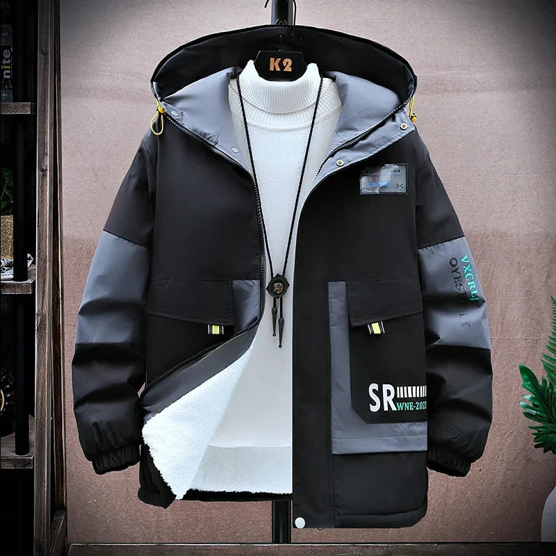 Men's Plush-Lined Hooded Winter Jacket – Windproof Colour-Block Insulated