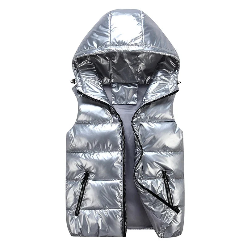 Men's Glossy Cotton Puffer Gilet – Hooded Sleeveless Winter Layer