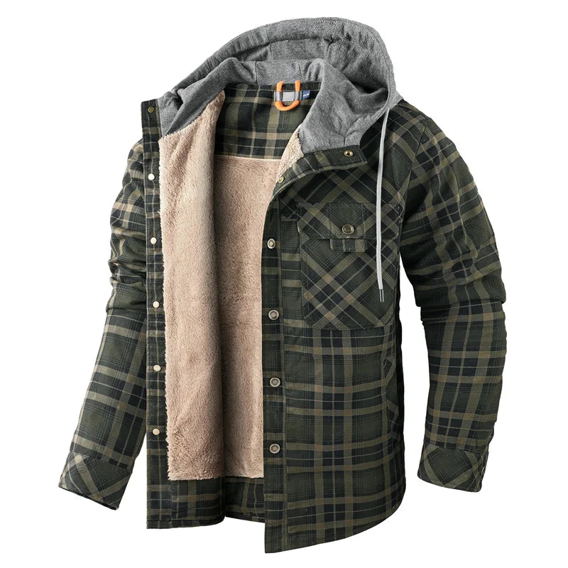 Men's Hooded Fleece-Lined Plaid Shirt Jacket
