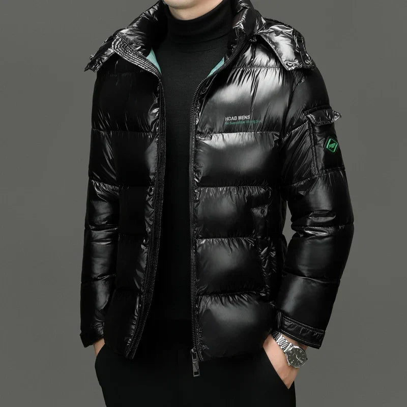 Men's Hooded Down Puffer Jacket – Short Gloss-Finish Coat