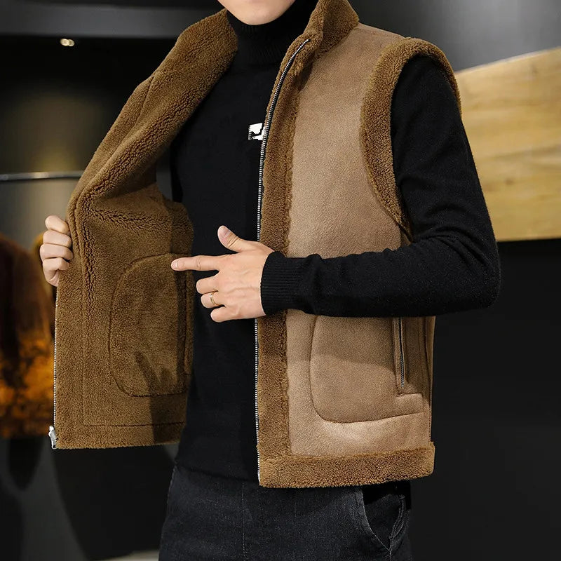 Men's Sherpa Fleece Winter Vest – Reversible Stand-Collar Sleeveless