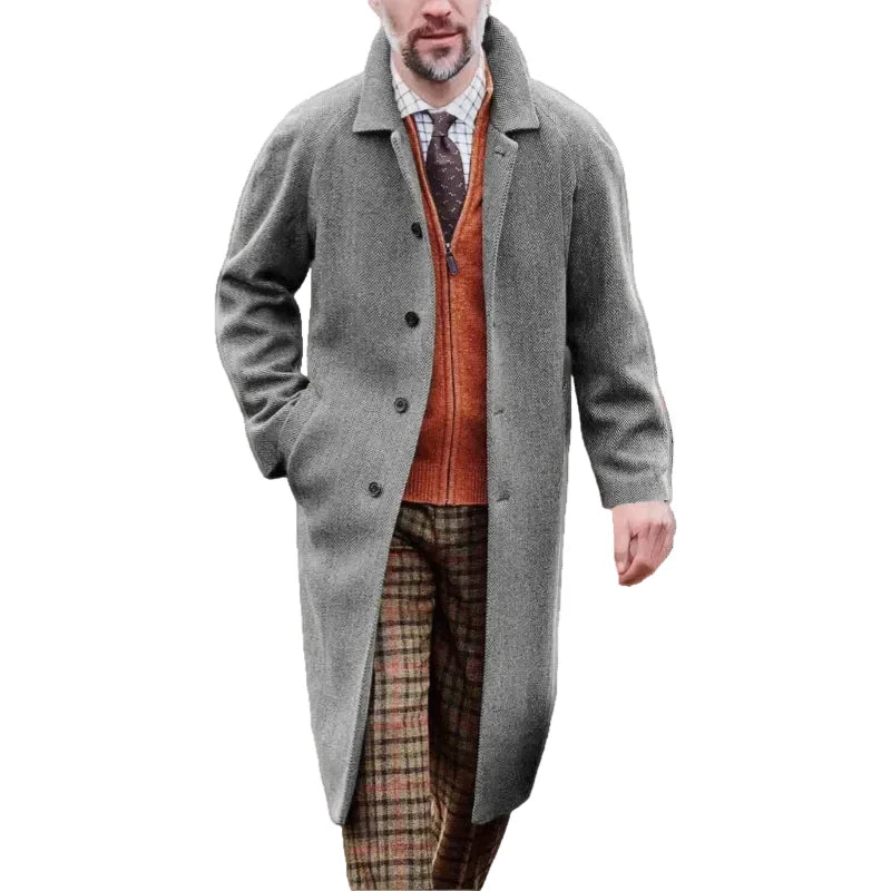 Men's Herringbone Wool-Look Overcoat – Tailored Longline Coat