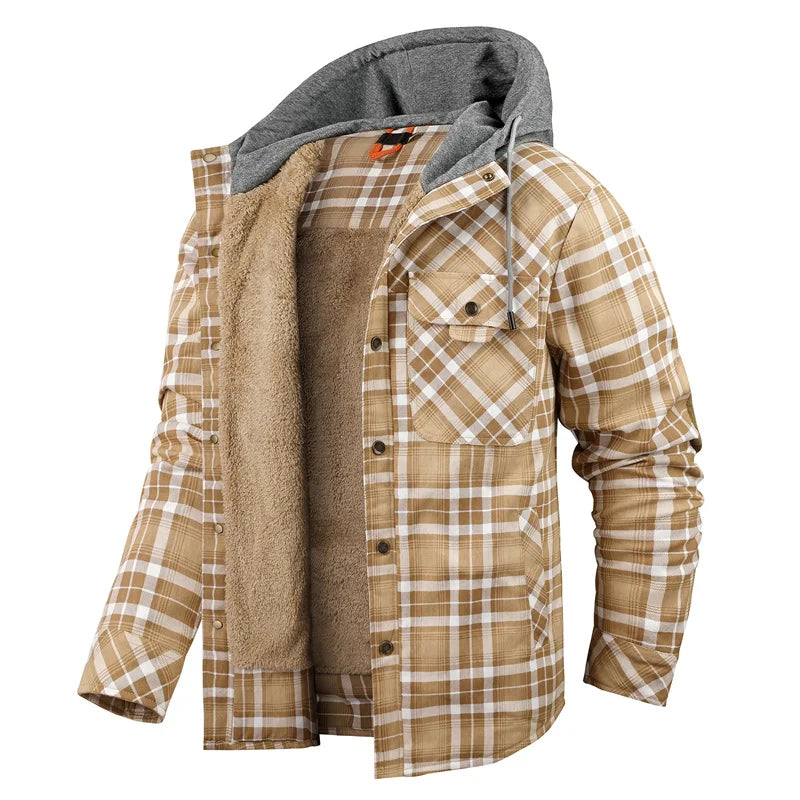 Men's Hooded Fleece-Lined Plaid Shirt Jacket