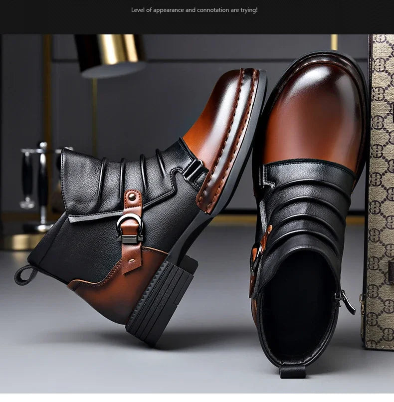 Men's Retro Ankle Boots – Warm-Lined Side-Zip Low-Heel Winter Boots