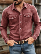 Men's Western Denim Shirt – Washed Long-Sleeve Button-Up