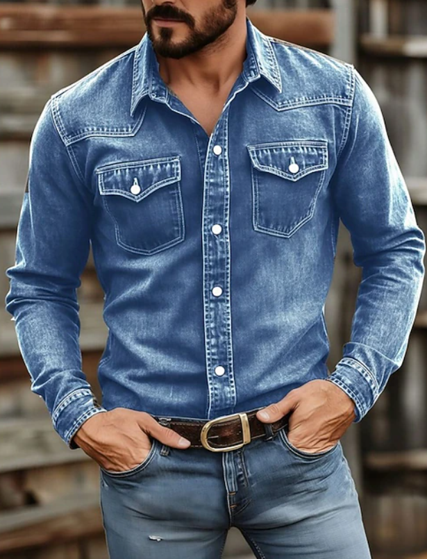 Men's Western Denim Shirt – Washed Long-Sleeve Button-Up