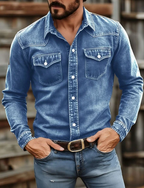 Men's Western Denim Shirt – Washed Long-Sleeve Button-Up