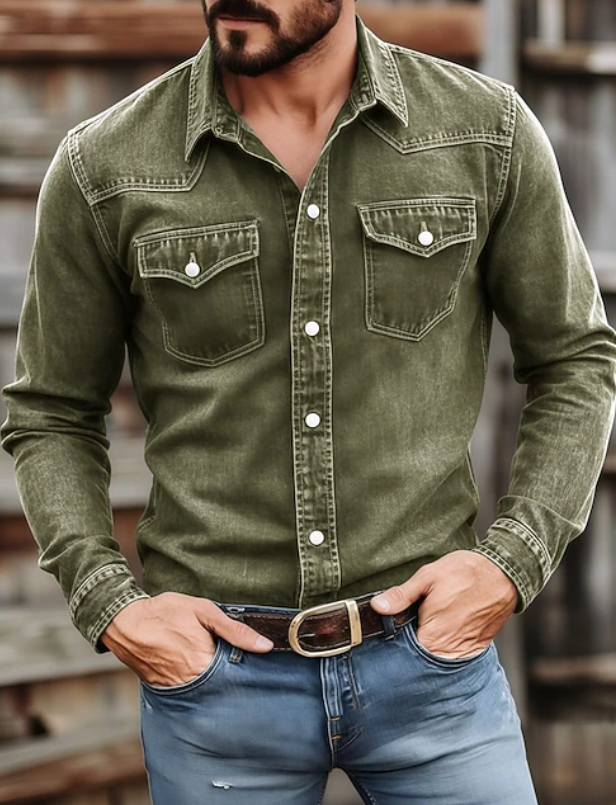 Men's Western Denim Shirt – Washed Long-Sleeve Button-Up