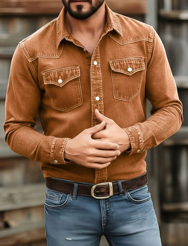 Men's Western Denim Shirt – Washed Long-Sleeve Button-Up
