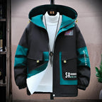 Men's Plush-Lined Hooded Winter Jacket – Windproof Colour-Block Insulated