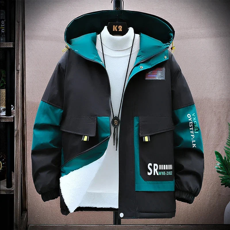 Men's Plush-Lined Hooded Winter Jacket – Windproof Colour-Block Insulated