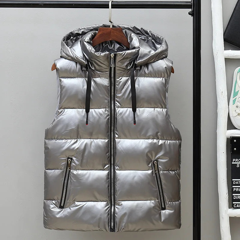 Men's Hooded Puffer Winter Vest – Glossy Padded Sleeveless Zip-Up Gilet