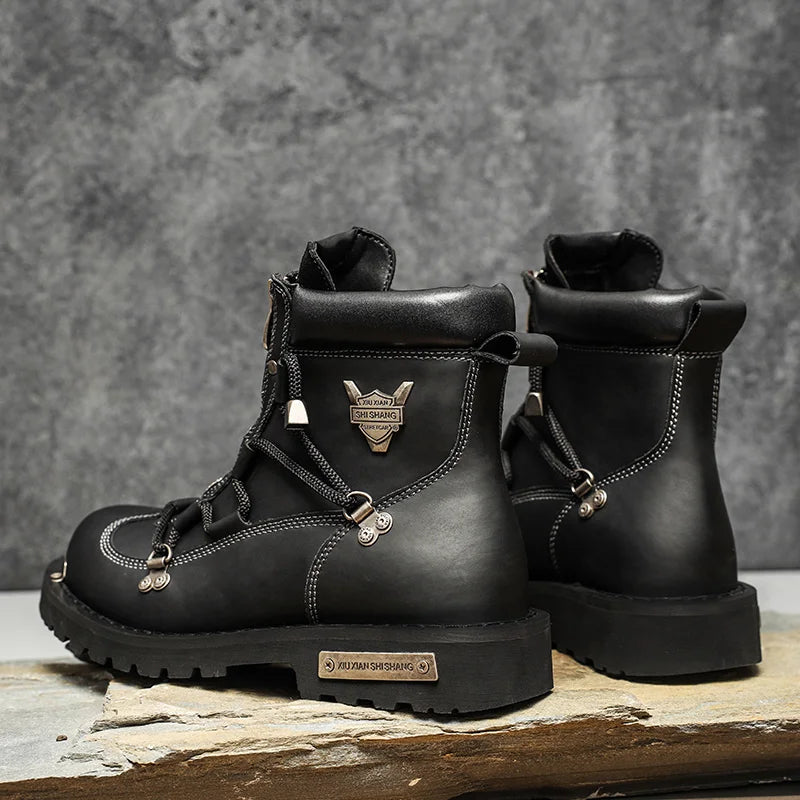 Men's Waterproof Plush-Lined Snow Boots – Front-Zip Lace-Up Ankle Boots