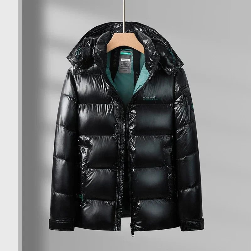 Men's Hooded Down Puffer Jacket – Short Gloss-Finish Coat