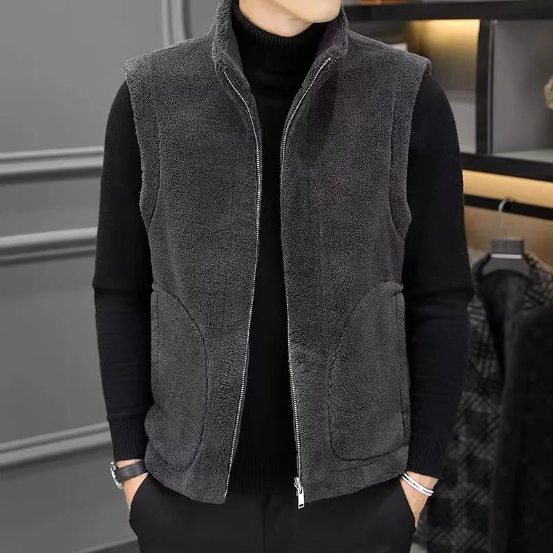 Men's Sherpa Fleece Winter Vest – Reversible Stand-Collar Sleeveless