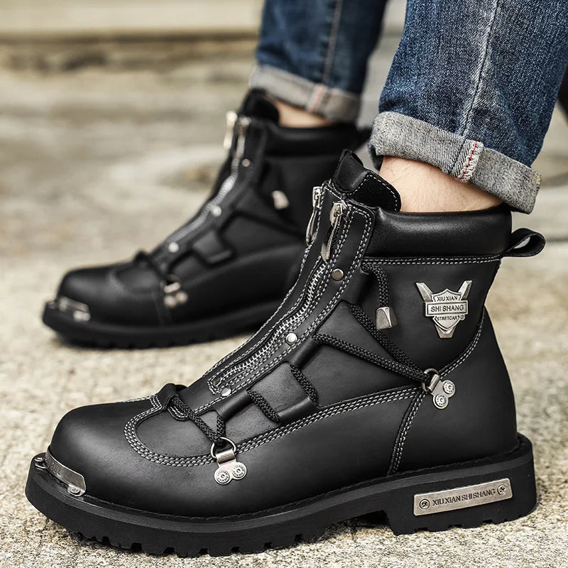 Men's Waterproof Plush-Lined Snow Boots – Front-Zip Lace-Up Ankle Boots