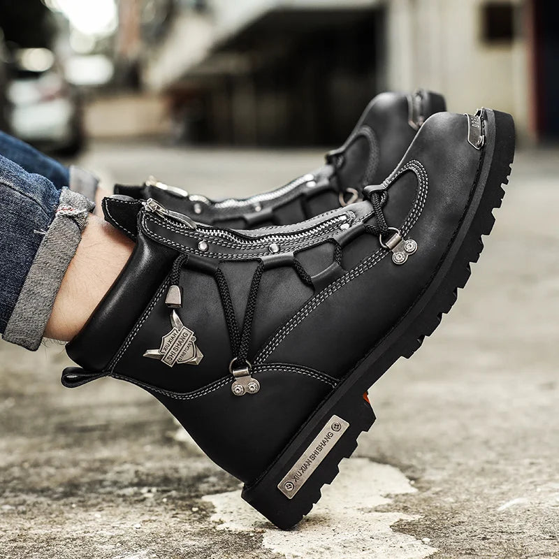 Men's Waterproof Plush-Lined Snow Boots – Front-Zip Lace-Up Ankle Boots