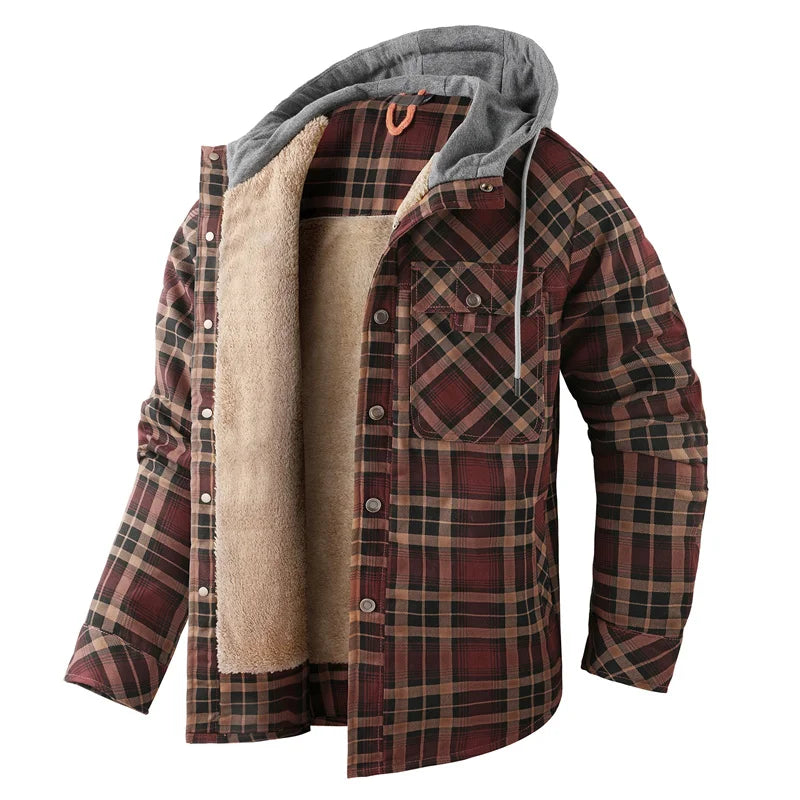 Men's Hooded Fleece-Lined Plaid Shirt Jacket