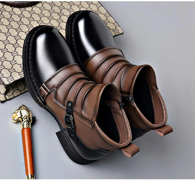 Men's Retro Ankle Boots – Warm-Lined Side-Zip Low-Heel Winter Boots