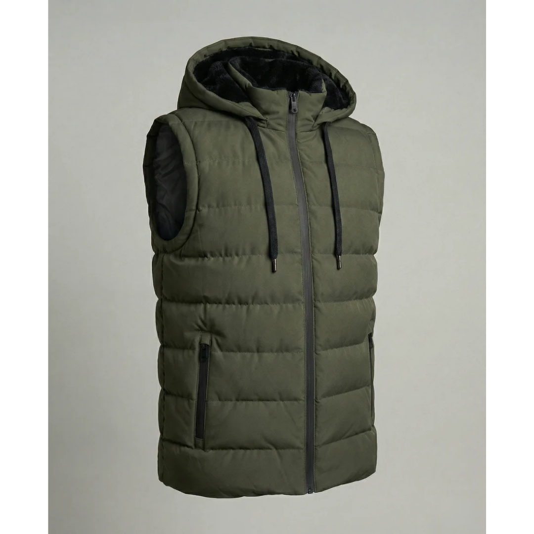 Men's Quilted Hooded Puffer Vest – Fleece-Lined Bodywarmer