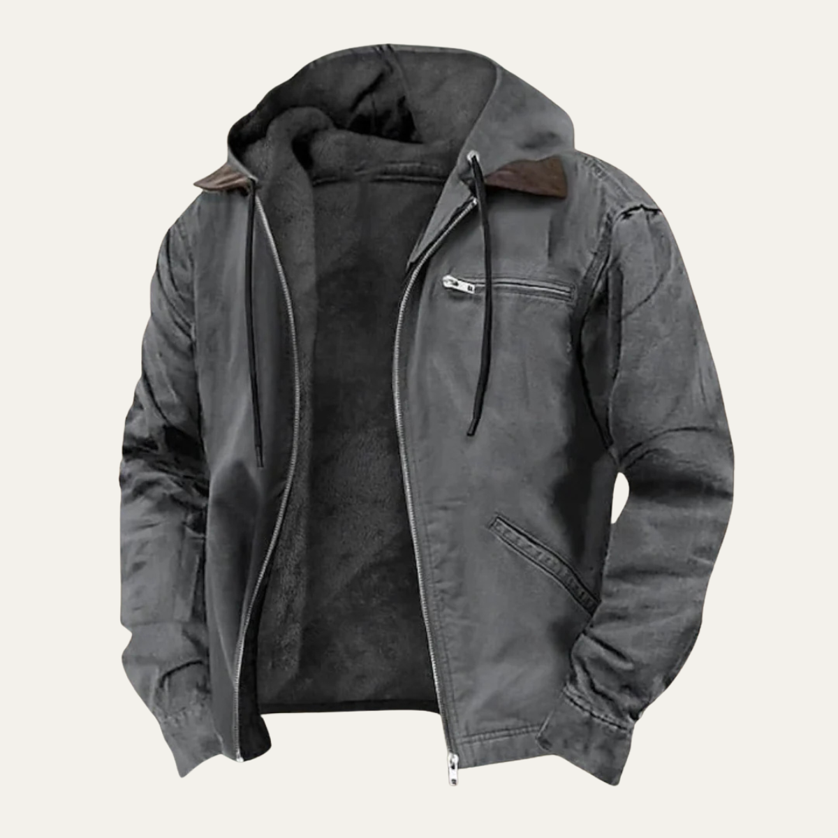 Men's Fleece-Lined Hooded Jacket – Drawstring Hood, Ribbed Cuffs