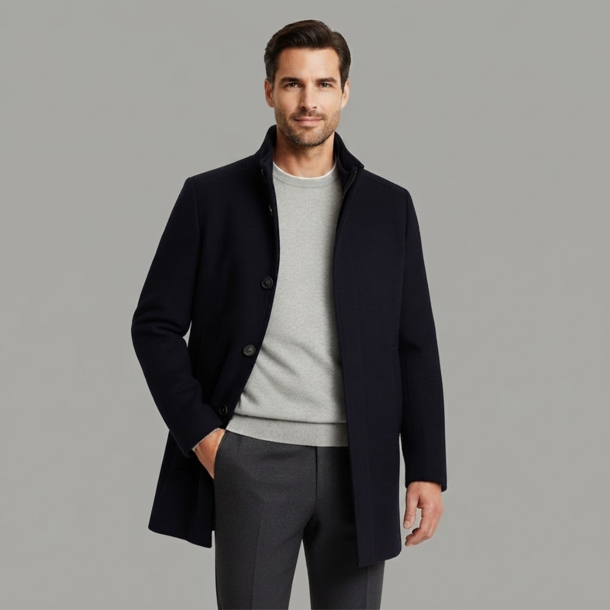 Men's Classic Wool-Blend Overcoat – Structured Collar, Button Front