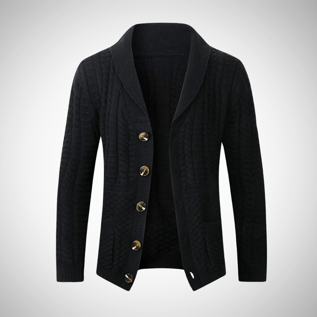Men's Shawl-Collar Cable-Knit Cardigan – Button-Up Long-Sleeve Sweater