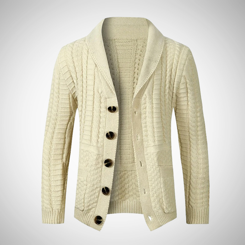 Men's Shawl-Collar Cable-Knit Cardigan – Button-Up Long-Sleeve Sweater