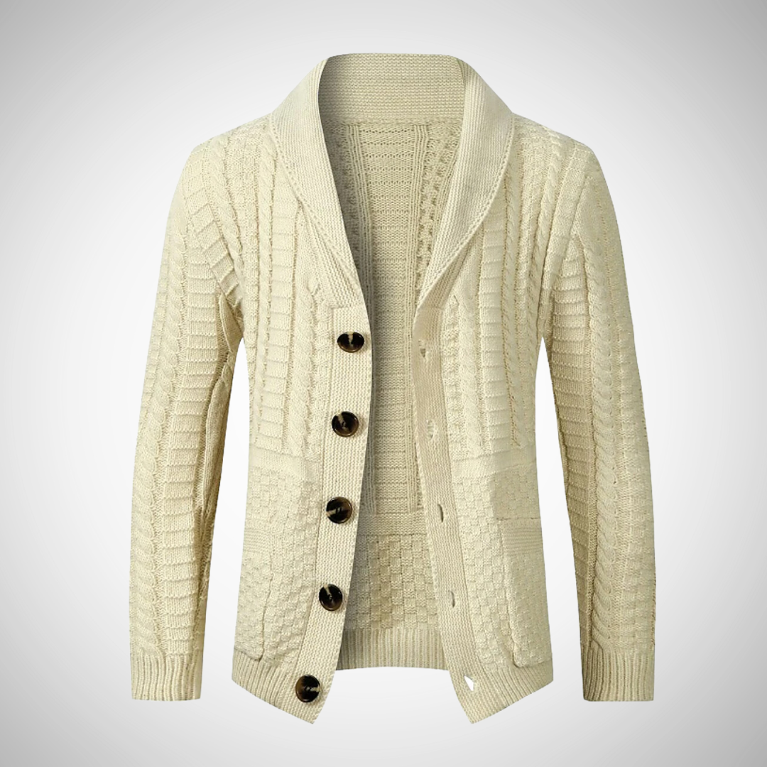 Men's Shawl-Collar Cable-Knit Cardigan – Button-Up Long-Sleeve Sweater