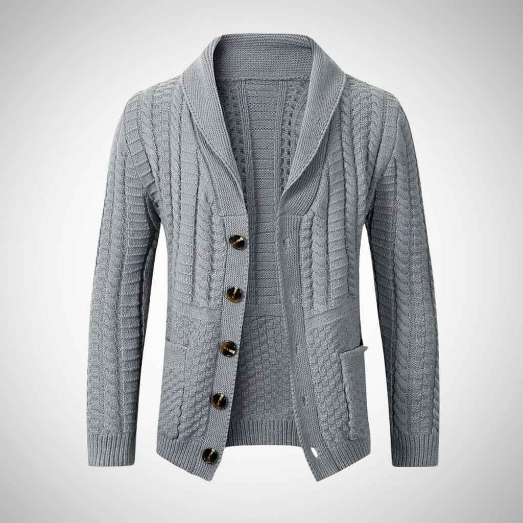 Men's Shawl-Collar Cable-Knit Cardigan – Button-Up Long-Sleeve Sweater