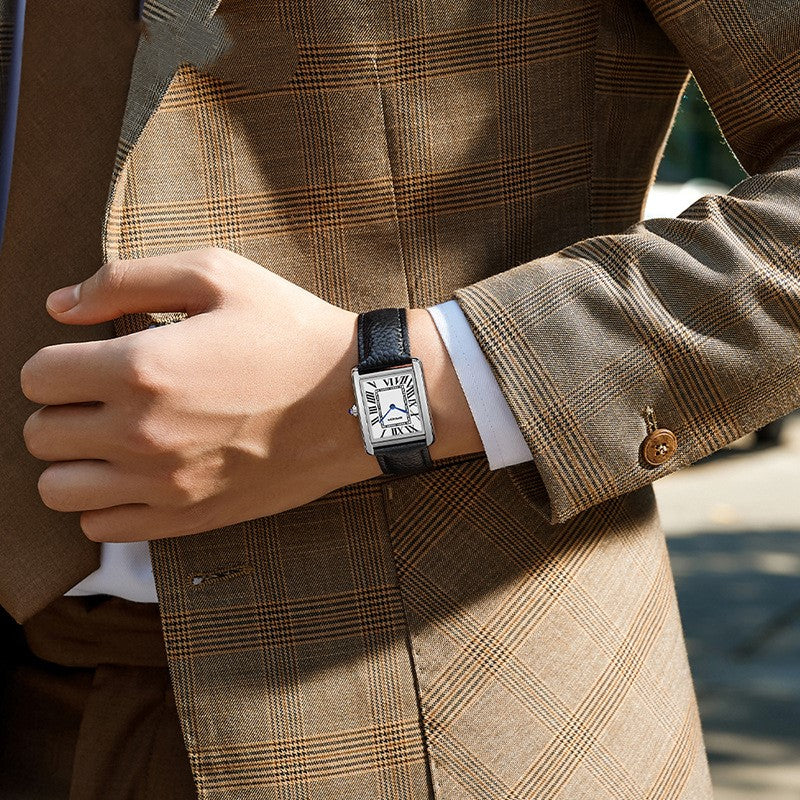 Men's Square Watch with Leather Strap