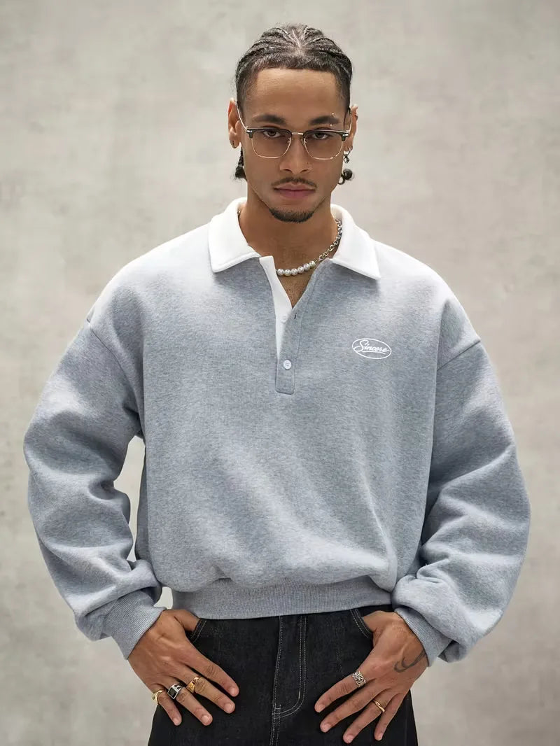 Men's Oversized Polo-Collar Sweatshirt with Embroidered Chest