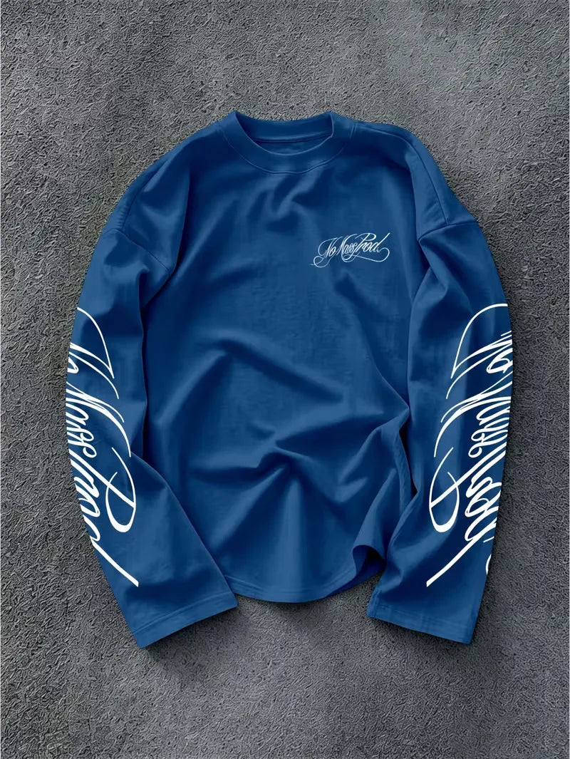 Men's Dark Longsleeve with White Script Print on Sleeves and Chest