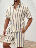 Men's Striped Short Sleeve Shirt and Shorts Set