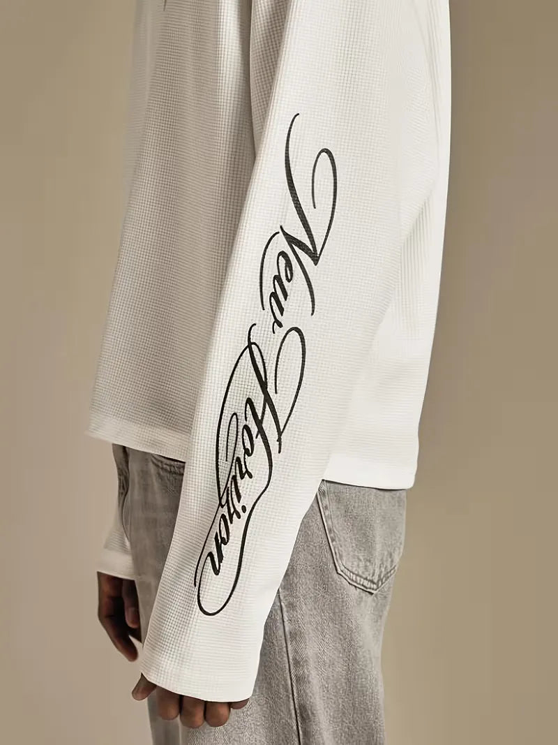 Men's White Textured Longsleeve with Script Sleeve Print