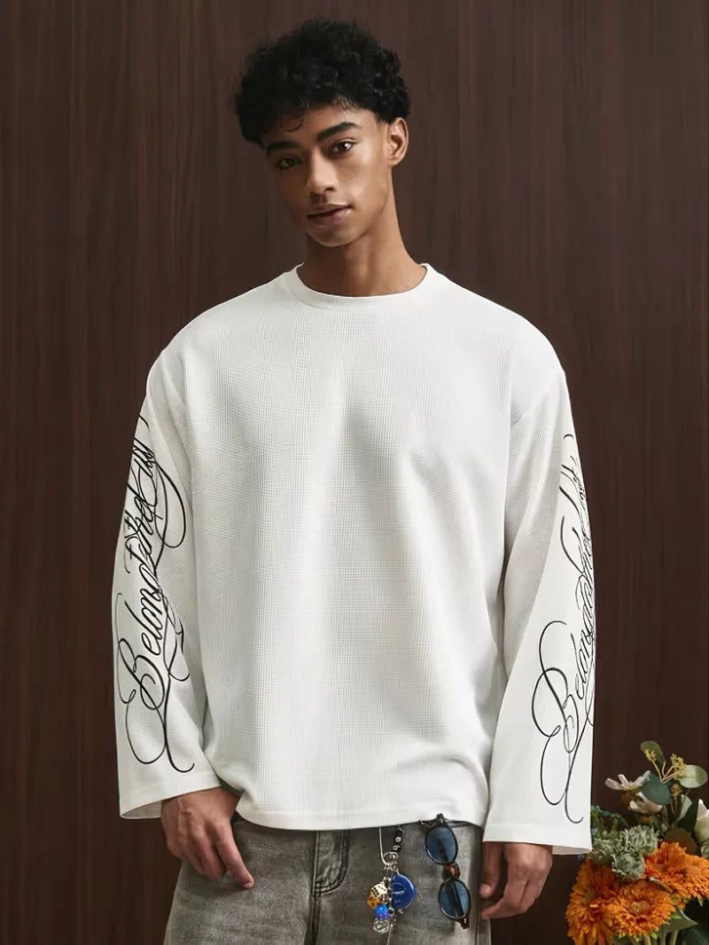 Men's Oversized Waffle-Knit Longsleeve with Script Sleeve Print