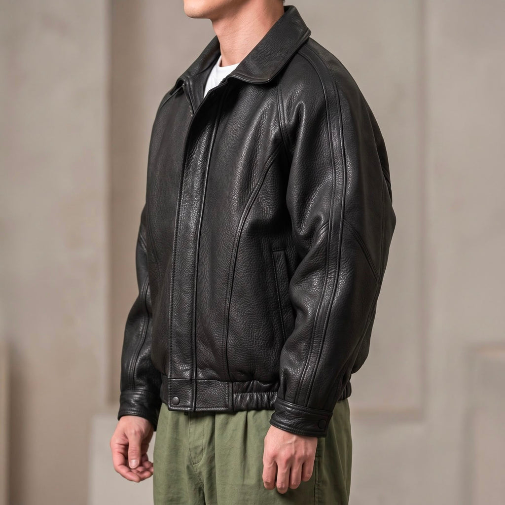 Men's Leather-Look Zip Jacket with Structured Collar and Cotton Lining