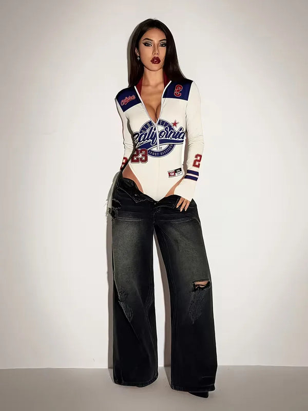 Women's Long-sleeve Bodysuit with stand collar